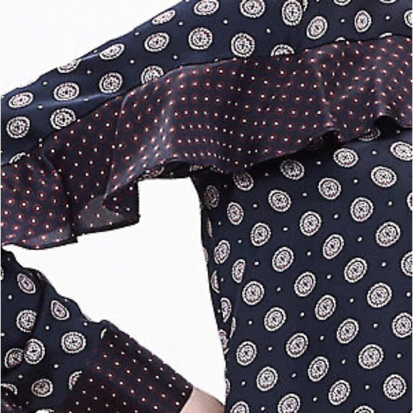 Banana Republic 100% Silk Foulard Long Sleeve Shift Mini Dress Blue Red Ruffle - Picture 3 of 15